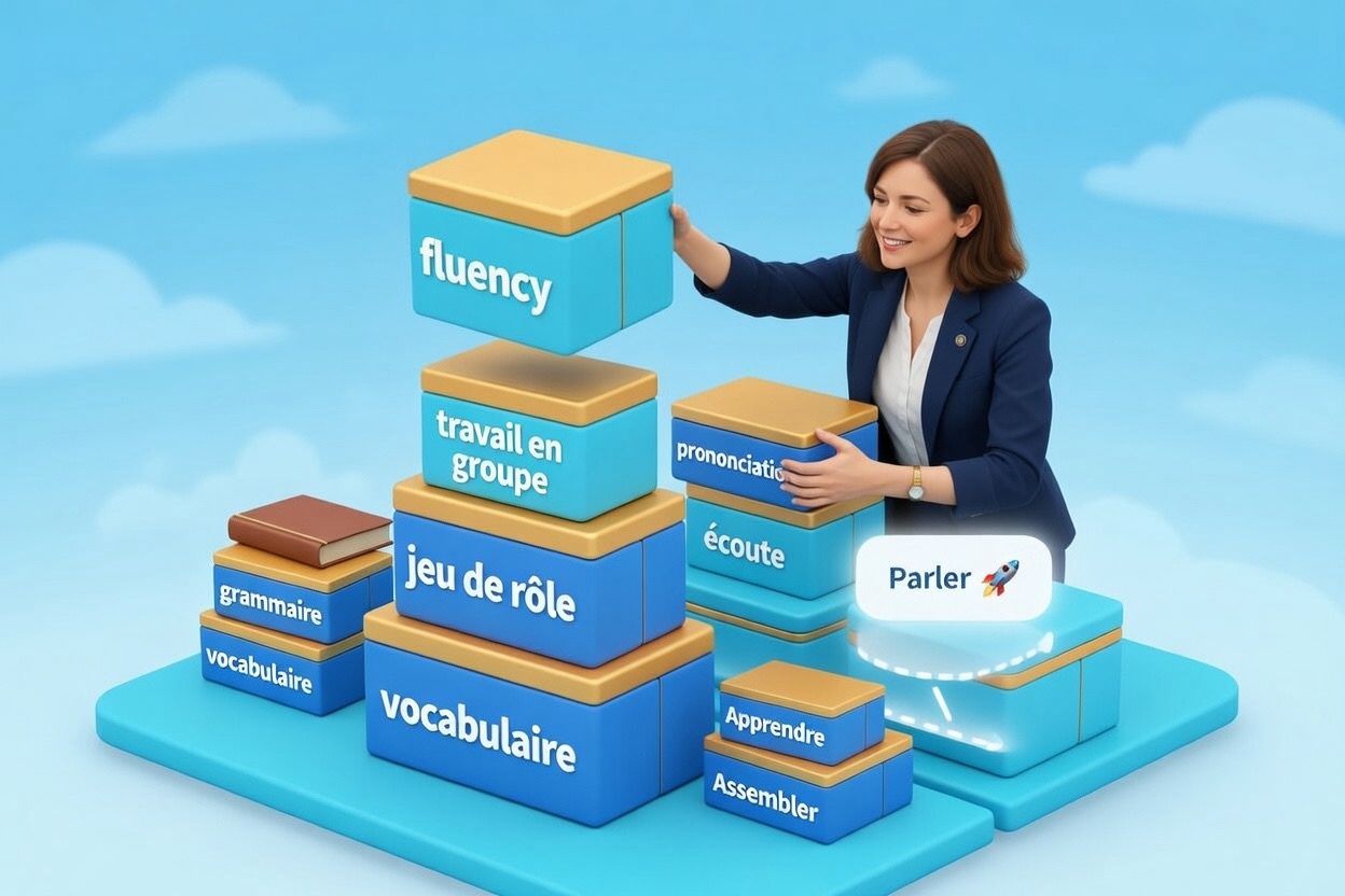 Illustration Fluency Blocks : une professionnelle assemble des blocs pour construire la fluency — vocabulaire, grammaire, écoute, prononciation et objectif Parler.